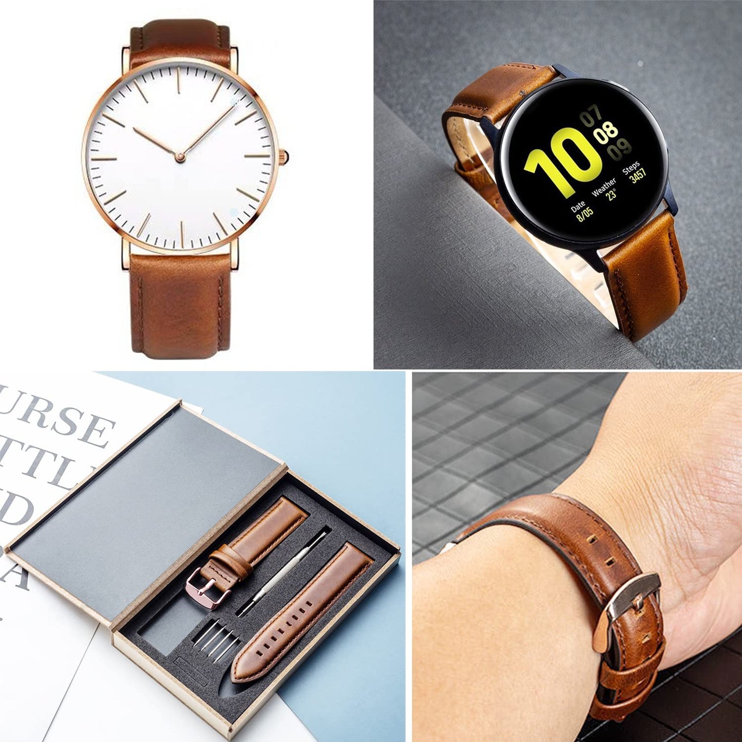 Spolife Leather Watch Straps for Men, Genuine Leather Replacement Bands, Stainless Steel Buckle, Quick Release Replacement Watchbands 16mm 18mm 19mm 20mm 22mm (with Watchstrap Pins,Repair Tool)