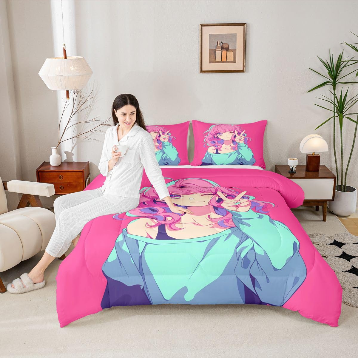 Erosebridal Japanese Anime Bedding 3D Anime Girl Comforter Set 2Pcs, Kawaii Japanese Style Bedding Comforter Sets Cartoon Uniform Girl Duvet Insert for Girls Hot Pink Room Decor, Twin