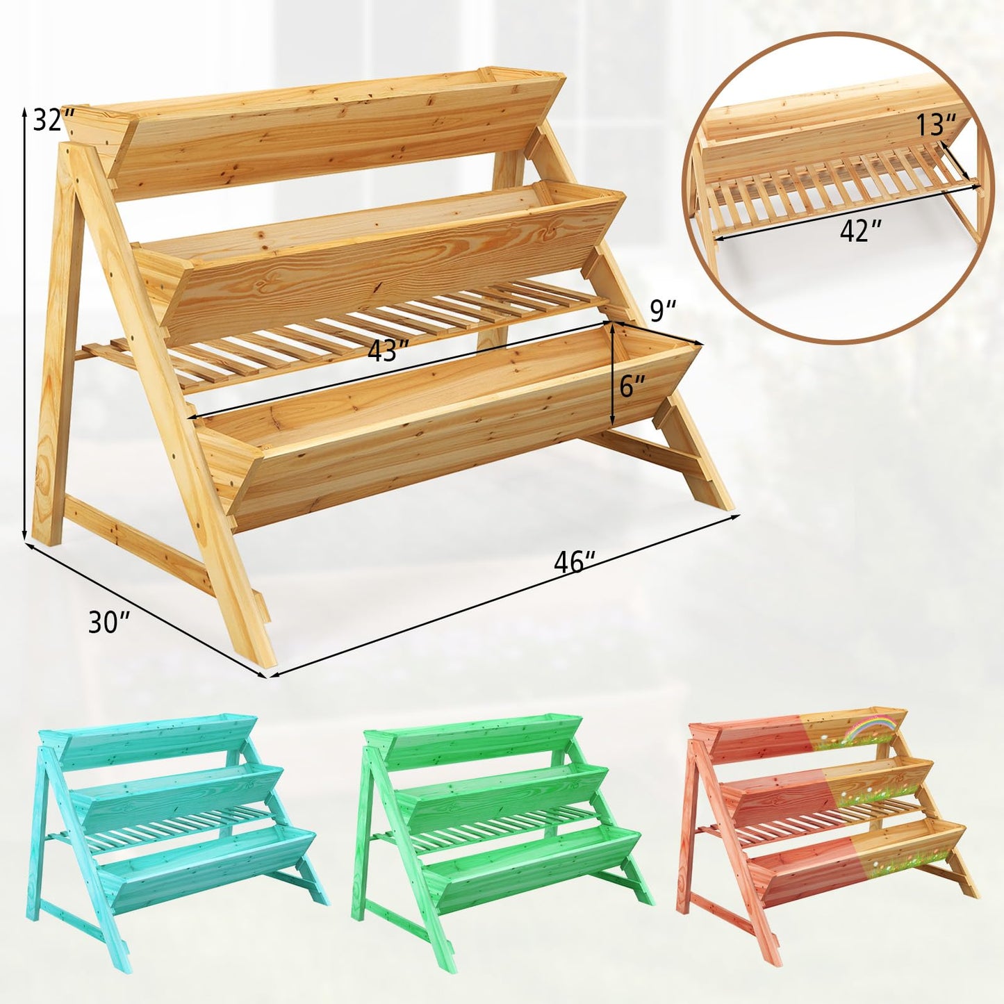 HOMGX 3-Tier Vertical Garden Bed, Wooden Tiered Planter Raised Bed with Legs & Storage Shelf for Flowers Herbs Vegetables, Freestanding Outdoor Plant Box Stand for Patio, Balcony
