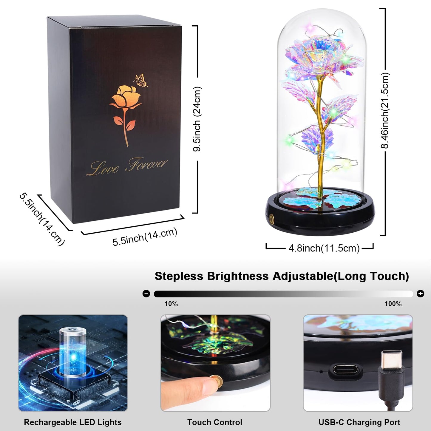 Mothers Day Flowers Gifts for Mom Women Birthday Gift, Rechargeable Galaxy Glass Rose in Glass Dome Forever Crystal Rose Anniversary Mother's Day Roses Gifts for Daughter Wife Women Grandma Rainbow