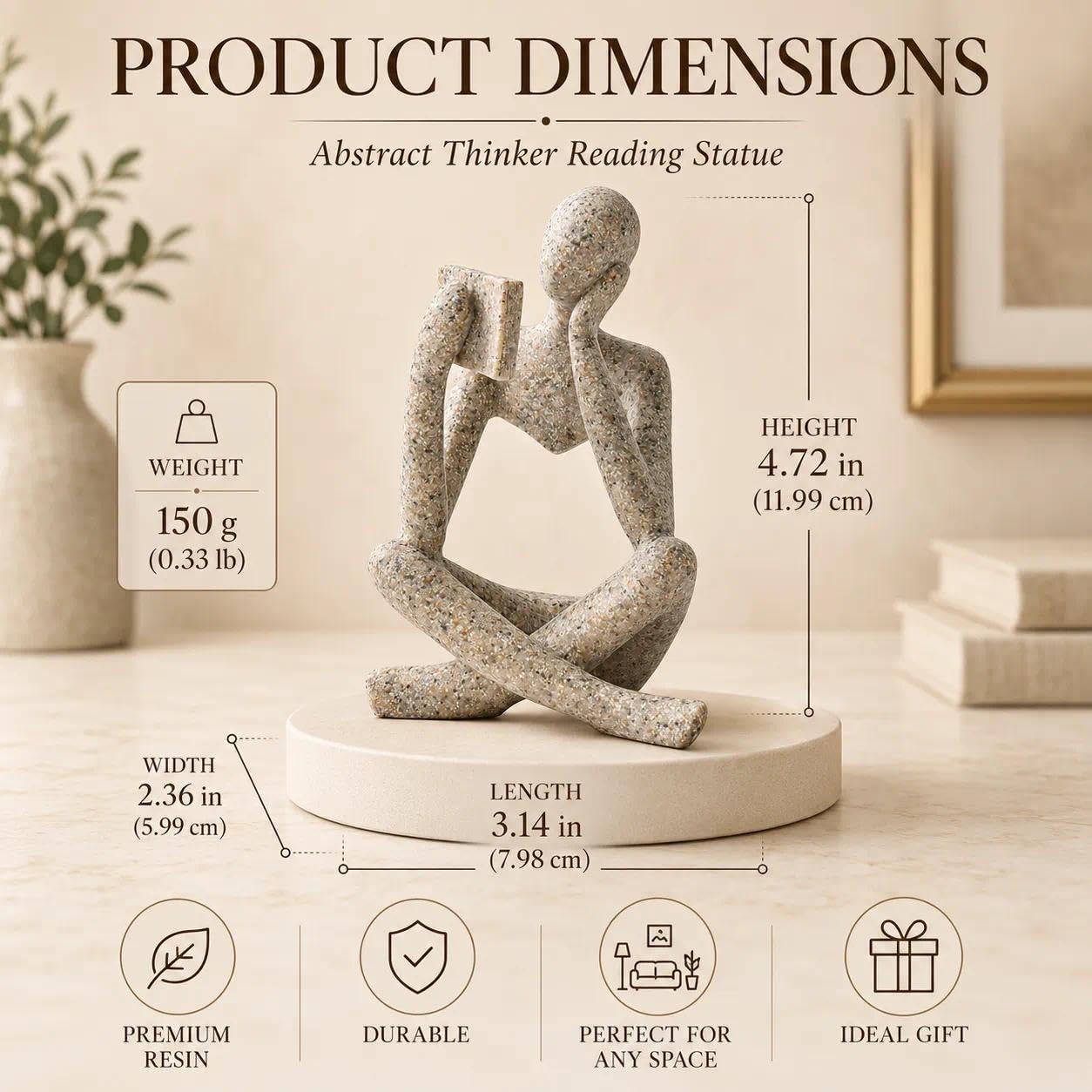 LINZHEN Bookshelf Decor Thinker Statue, Sand Abstract Reading Figurine Style B, Resin Decorative Bookend for Coffee Table, Shelf, Home Office, Library, Gift for Book Lovers
