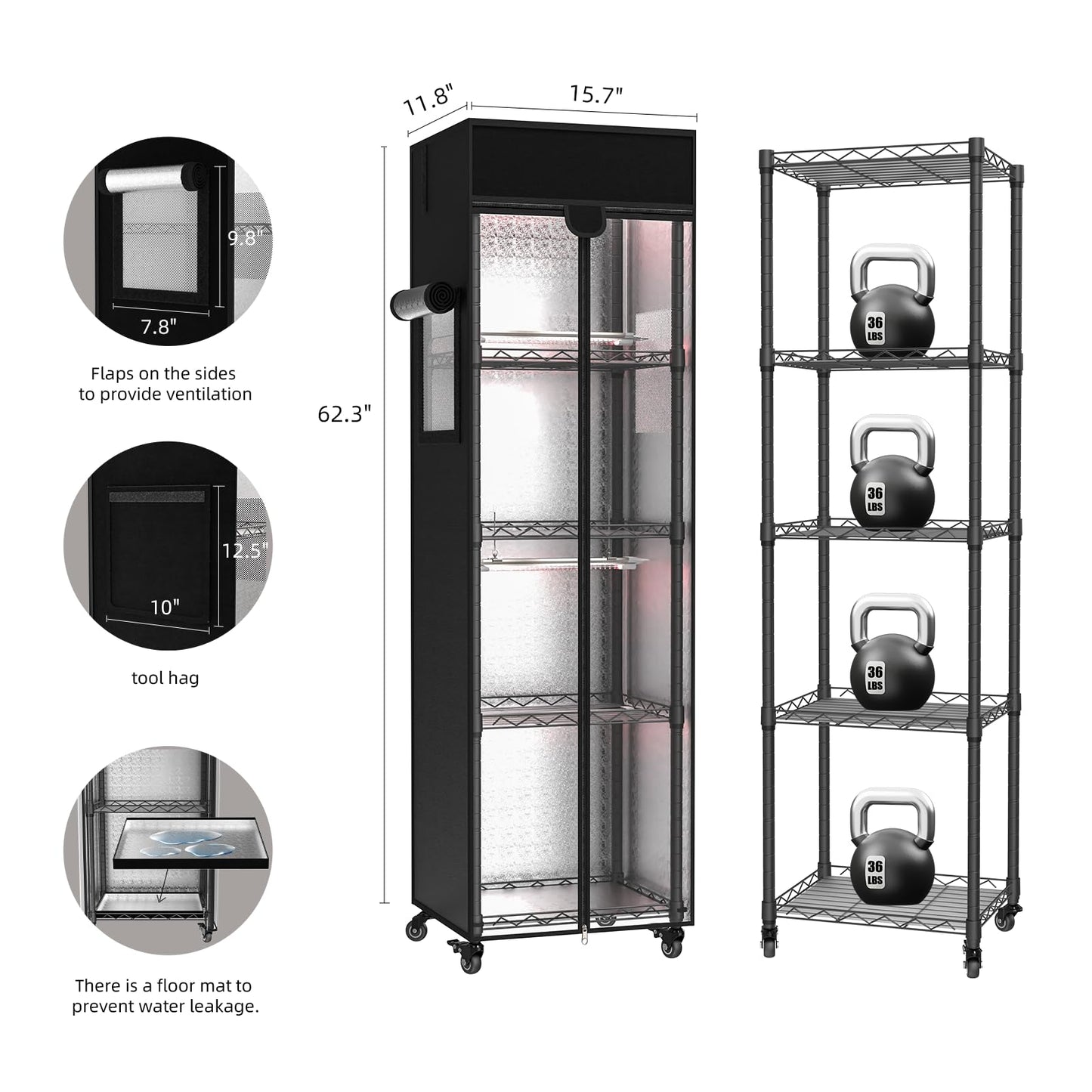 Aouipris Indoor Greenhouse with Grow Light, 5 Tier 15.7" L×11.8" W×62.3" H growtent with Lights, with 48W Full Spectrum Growing Lamps，Metal Indoor Plant Enclosure for Seed Starting