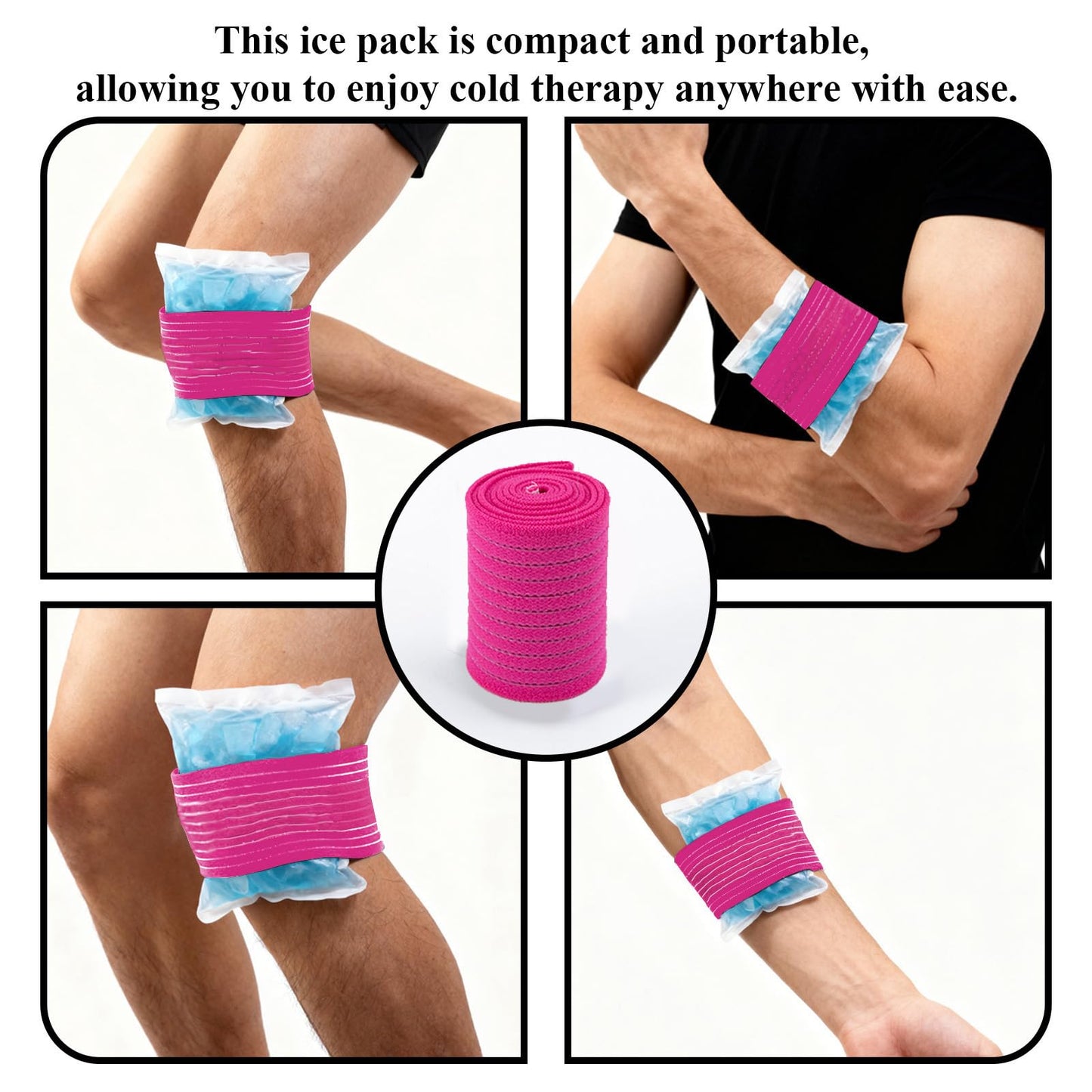 4-Pack Ice Pack Strap,Resuable,Stretchable- 35.5"x3" Adjustable Hook and Loop Elastic Holder & Extender Belt for Secure Ice Pack Wrap, Pink