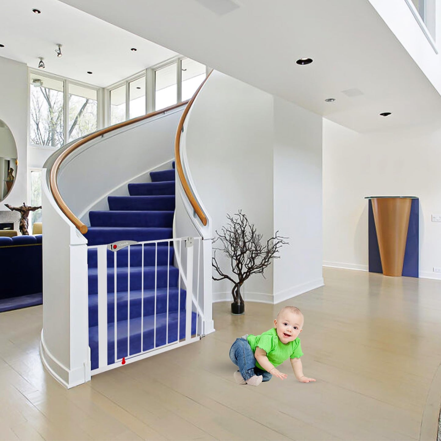 Crystals Stair Gate No Drilling Screws, Baby of Width 75 cm to 85 cm, 10 Extension Gates for Baby, Dogs, Safety Kids, Auto Close with 90° Two Way Opening, White, Grey