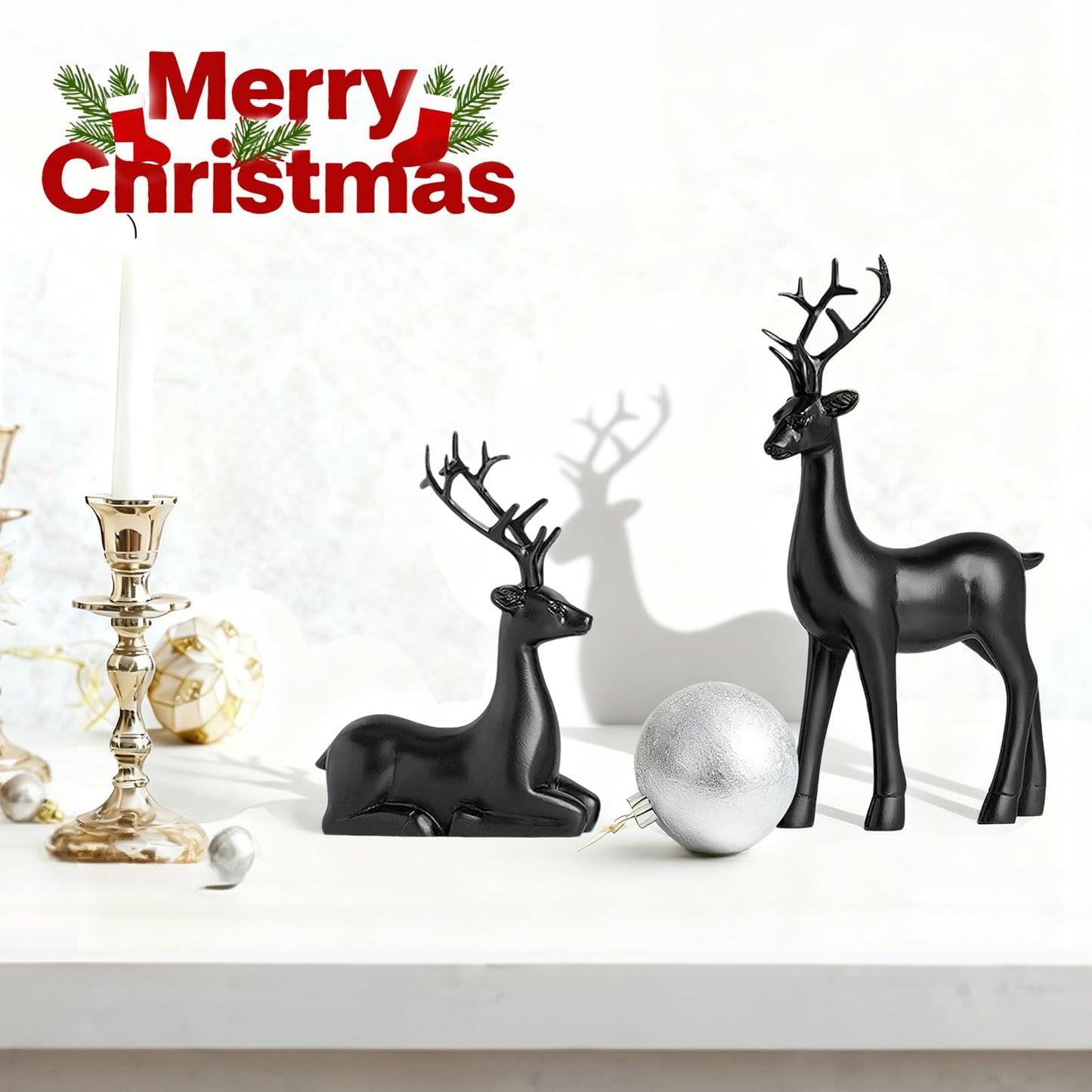 2PCS Black Christmas Reindeer Figurines, Resin Elk Sculpture Statues, Standing Sitting Reindeer Statues, Xmas Ornaments for Home Living Room Office TV Cabinet, Ideal Christmas/New Year Seasonal Gift