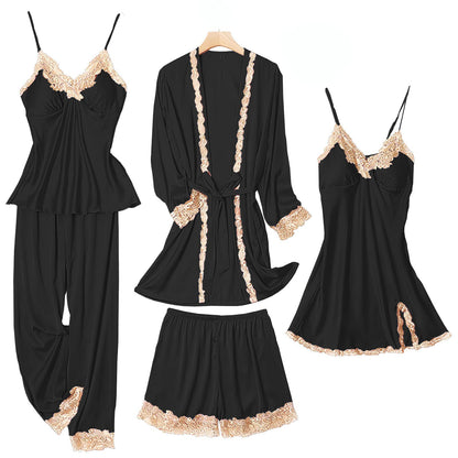 SAPJON Womens Pajama Sets 5PCS Silk Pajamas for women Cute Sleepwear Loungewear Satin Pajamas Sets for Women Soft