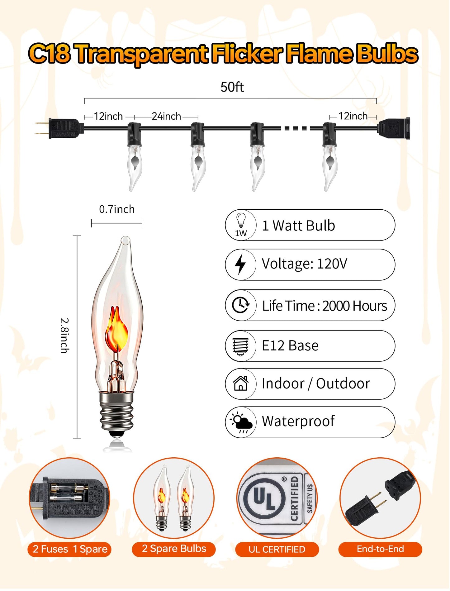Hobbynors 50Ft Extra-Long Fall & Halloween String Lights,25 C18 Flicker Flame Bulbs for Outdoor Decor,Waterproof & Connectable for Christmas, Thanksgiving & Festive Party Ambiance