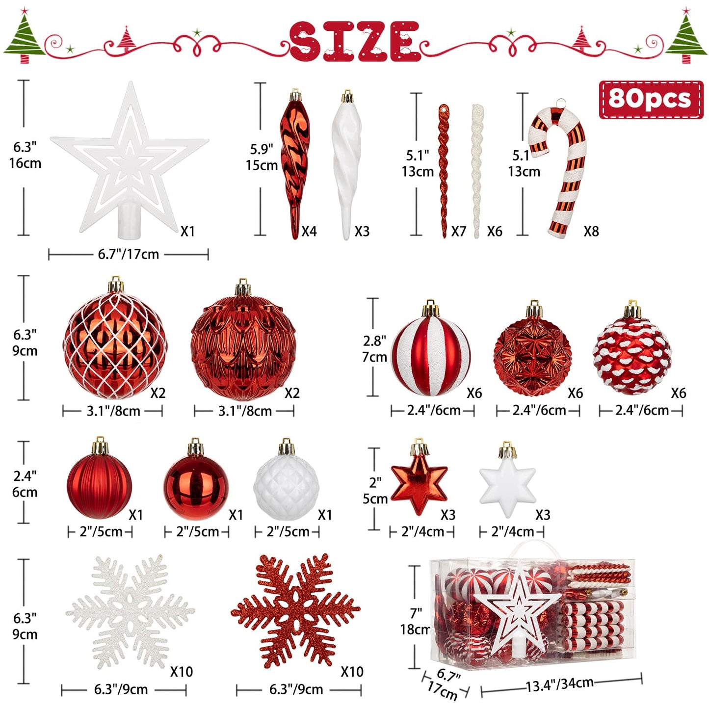 Briful 80ct Red & White Christmas Balls Ornament Set, Plastic Shatterproof Christmas Ornament Balls with Tree Topper Candy Canes Snowflakes for Xmas Tree Wreath Garland Decor