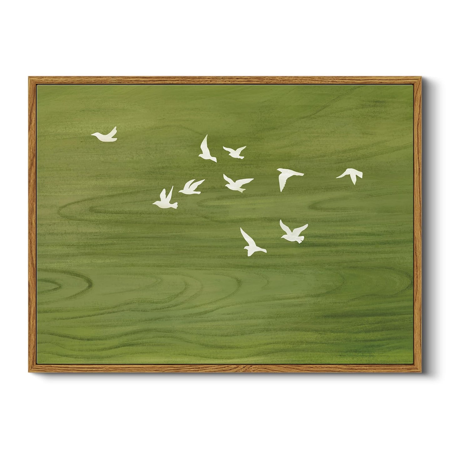 Peaceful Landscape 12x16 Zen Framed Canvas Wall Art, Abstract Minimalist Green Nature Print with Flying White Birds Painting, Modern Bedroom Office Home Farmhouse Calming Spaces Decor