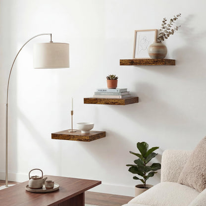 Floating Shelves for Wall 9 Inch,9.3" Deep Square Floating Shelf Set of 3,Wall Shelves Hanging Shelf with Invisible Brackets,Wall Mounted Shelf for Kitchen Living Room Bedroom Bathroom,Rustich Brown
