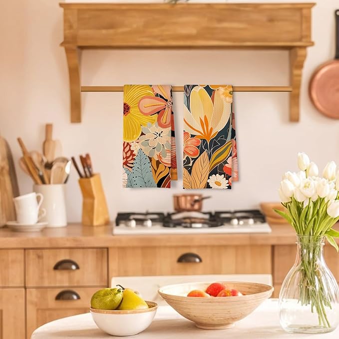 Abstract Boho Floral Kitchen Towels Set of 2, Maximalist Colorful Flower Hand