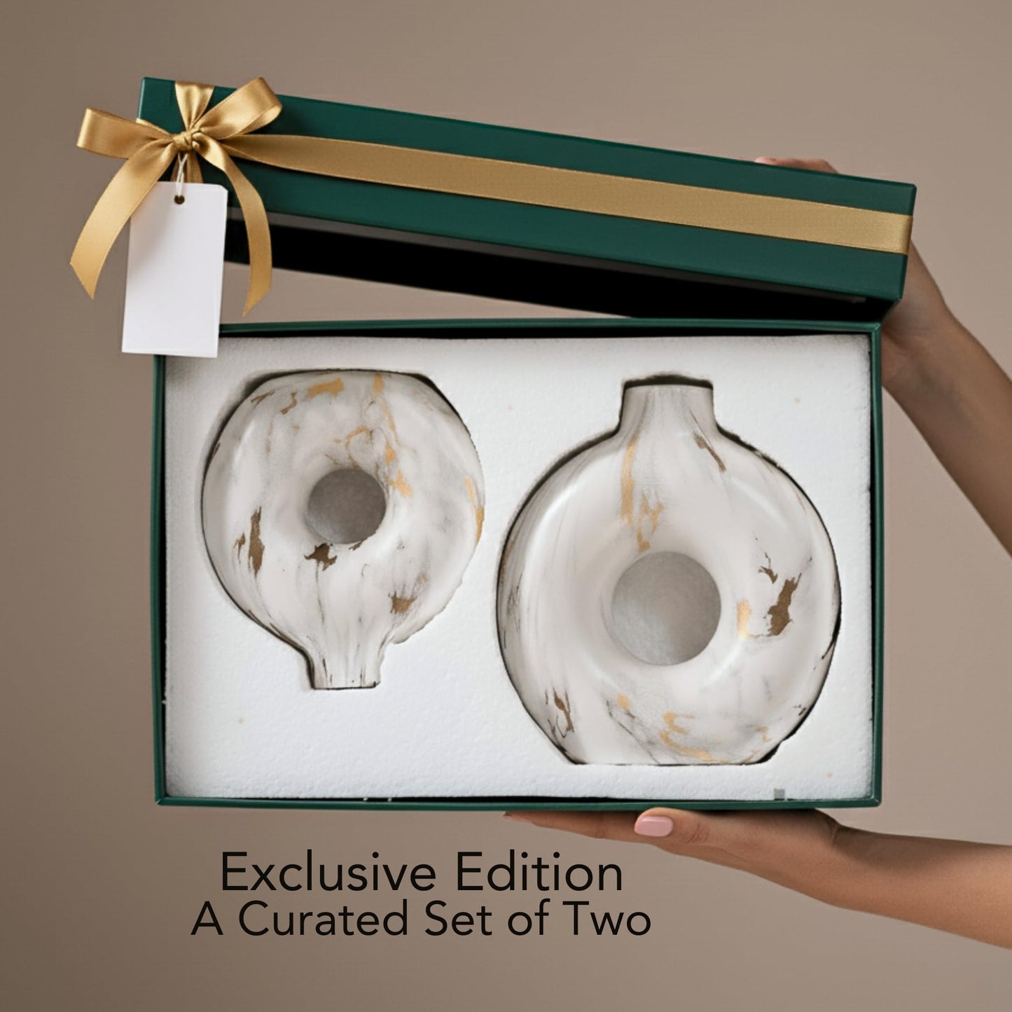Modern Ceramic Donut Vase Set of 2 - Boho Design White and Gold Marble Pattern Vases for Flowers and Pampas - Elegant Home Decor Centerpieces for Coffee Tables - Entryways - Dining and Living Rooms