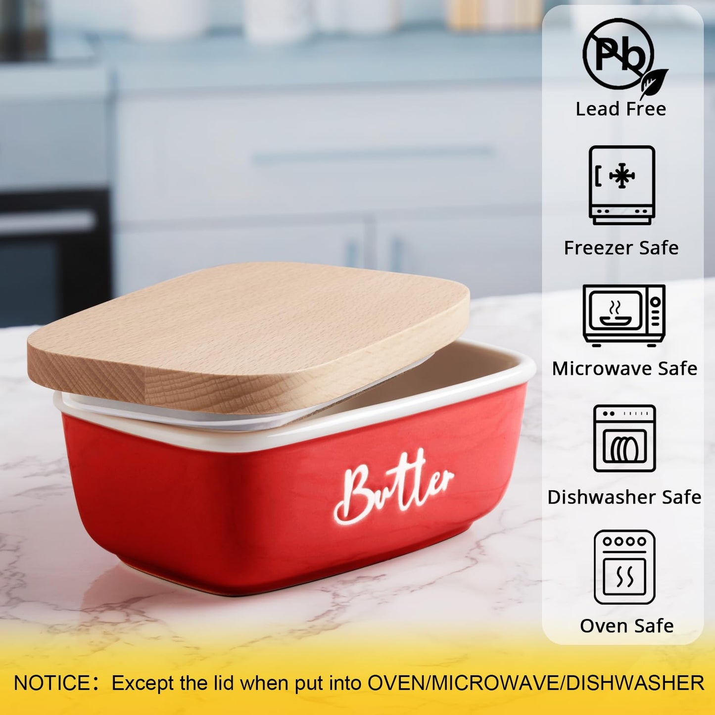ALELION Red Butter Dish with Lid for Countertop, Ceramic Butter Container with Beech Wood Lid, Airtight Butter Keeper for Counter or Fridge, for Red Kitchen Decor and Accessories