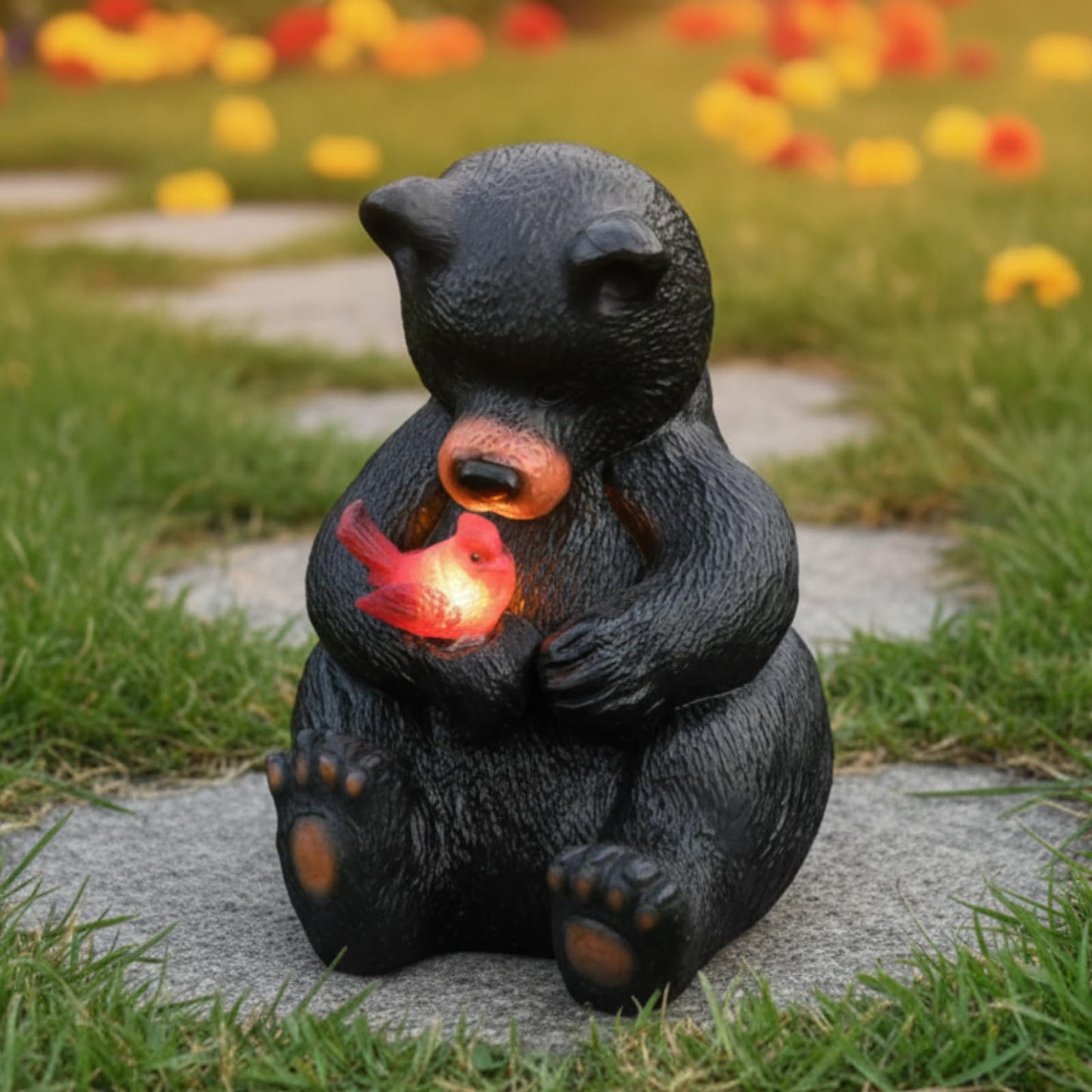 Geelin Solar Black Bear Statue Decoration Garden Bear and Cardinal Figurine Christmas Lighted Outdoor Yard Garden Patio Lawn Decor Unique Birthday Housewarming Gifts for Mom Women 5.5 Inch