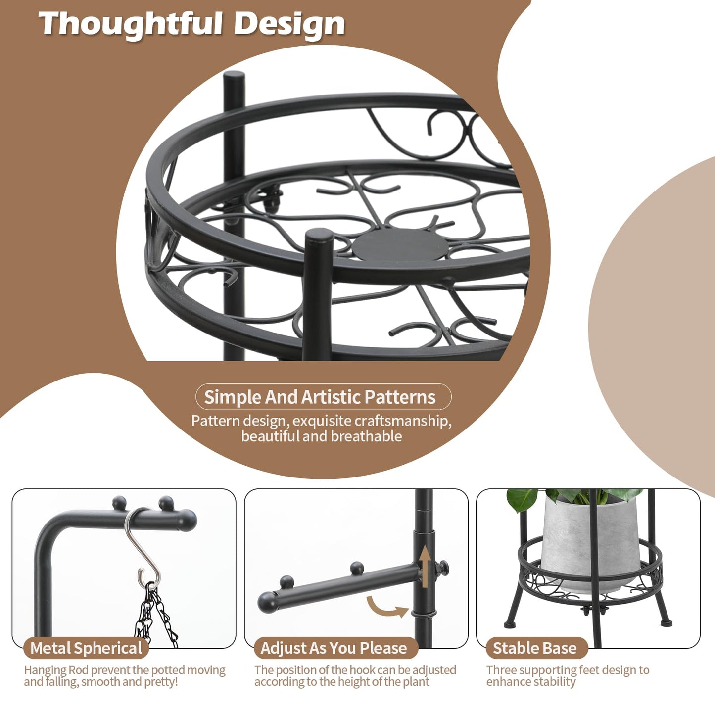 CZWL&HG Hanging Plant Stand Adjustable 2-Tier 72" Metal Shelf -Tall Indoor/Outdoor Plant Rack with Hangers for 4 Potted Flowers, Corner Shelf for Living Room & Patio (Black)