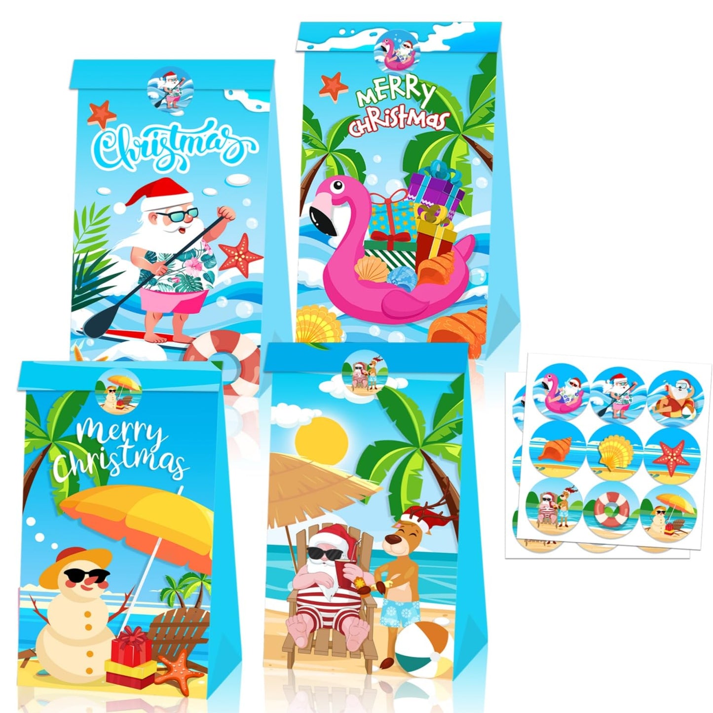 KYMY 12PCS Summer Christmas Party Favor Bags, Hawaiian Beach Paper Totes with Stickers, July Xmas Tropical Santa & Flamingo Treat Bags for Luau Holiday Party Decorations Supplies