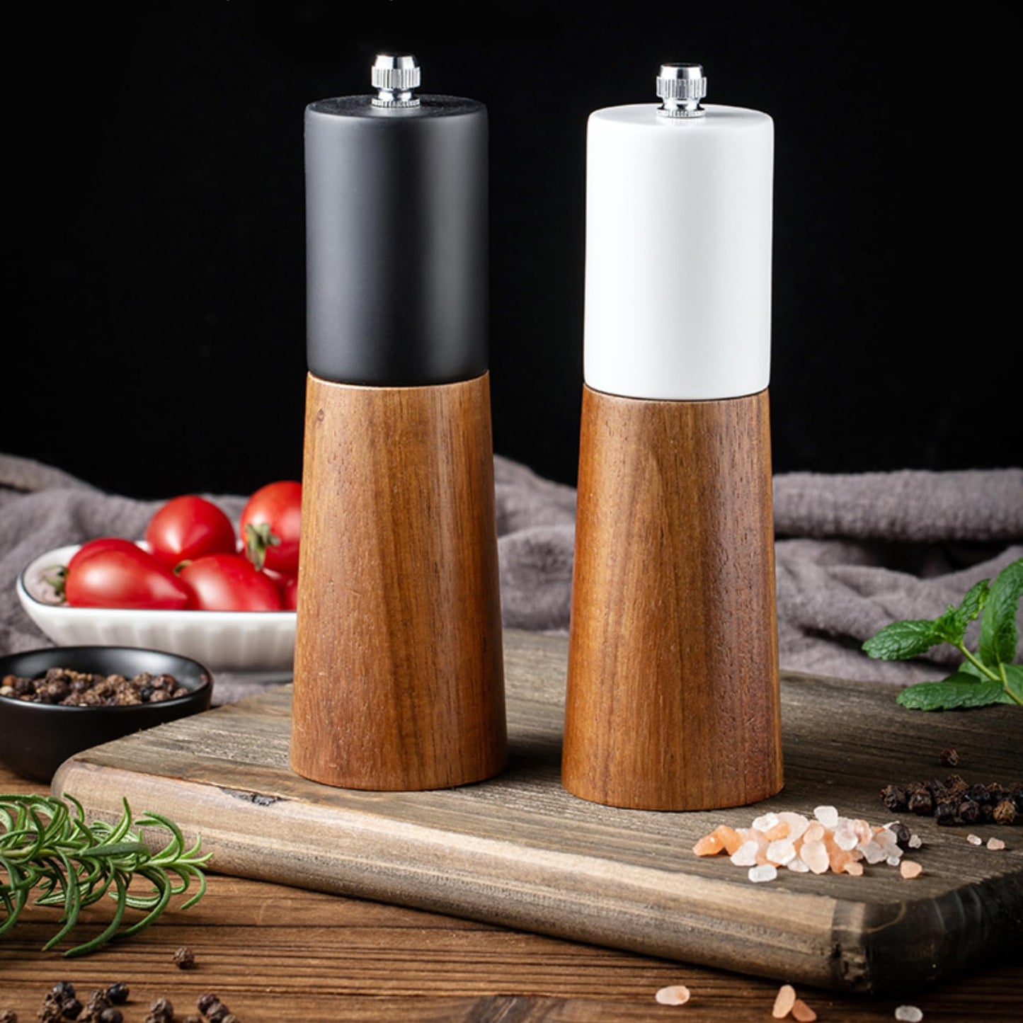 GCFTIFF Wooden Salt and Pepper Grinder Set,Crafted of Solid Acacia Wood with Ceramic Steel Core,Adjust for Customized Coarseness(2pcs white + black,6 inch)