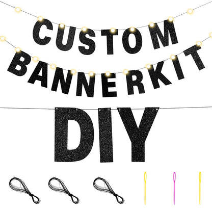 TaoBary 112 Pcs DIY Letter Kit Glitter Customizable Banner Letters Include 107 Letters and Numbers 3 Rope and 2 Needles for Birthday Halloween Christmas Wedding Valentine Party Decor(Black)