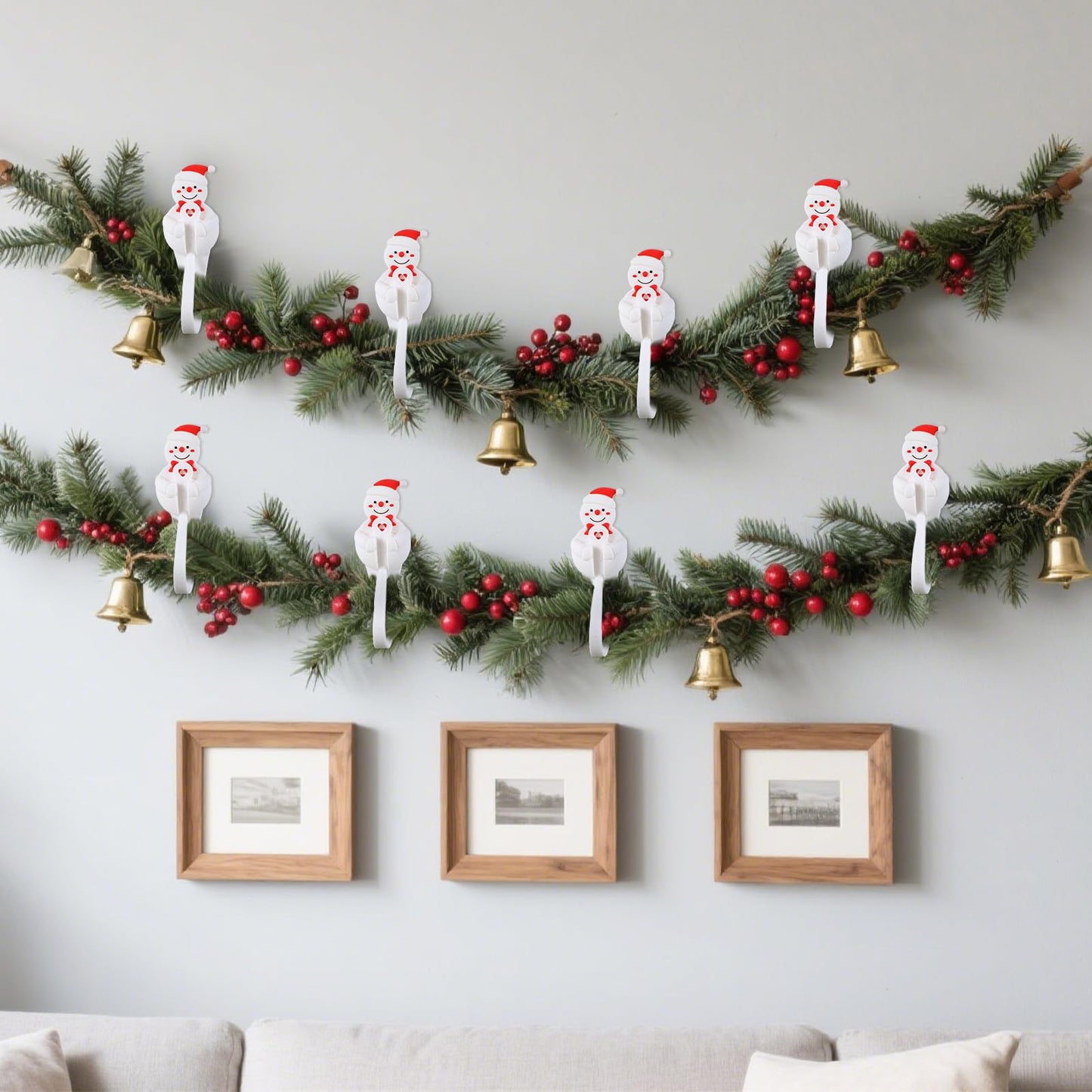 XunYee 12 Pcs Christmas Winter Snowman Garland Hangers for Mantle,Snowman Shaped Fireplace Garland Hanger, Xmas Ties Stocking Holder, Reusable Silicone Adhesive Straps for Stairways Banister Staircase