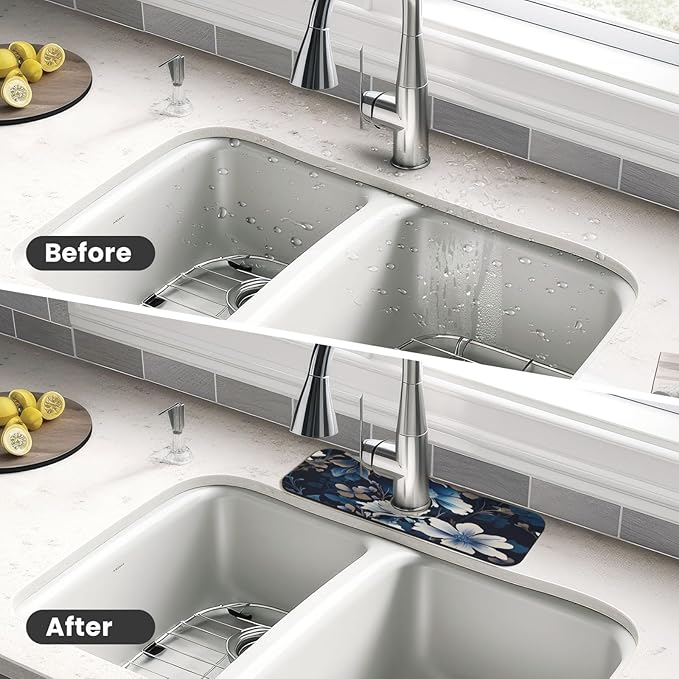 Blue flowers Kitchen sink faucet pad, strong water absorption, anti slip