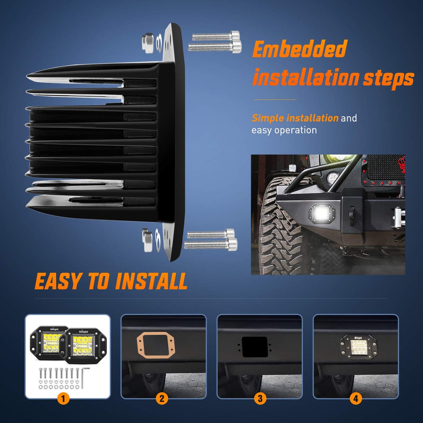 Nilight 2PCS 42W Flush Mount LED Light Pods Spot Flood Combo Backup Reverse Driving Headlamp Mount on Bumper Grille for 4x4 Offroad Truck SUV