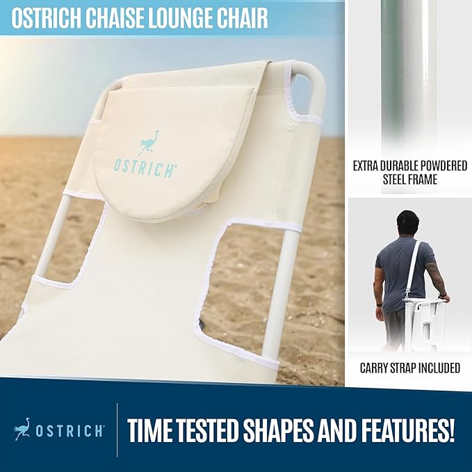 Ostrich 72 by 22 Inch Versatile Chaise Lounge Portable Reclining Lounger, Outdoor Patio, Beach, Lawn, Camping, or Pool Tanning Chair, White