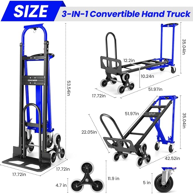 4-in-1 Hand Truck Dolly Heavy Duty Industrial Convertible, 1000 LBS Stair