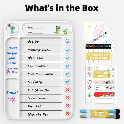 Magnetic Chore Chart for Kids, ADHD Task Tracker Easy-Check Routine Dry Erase Board, to-Do List Planning Tool with Stand for Fridge/Desk/Home/School, 6 Reusable Sheets, 2 Markers-Raw White