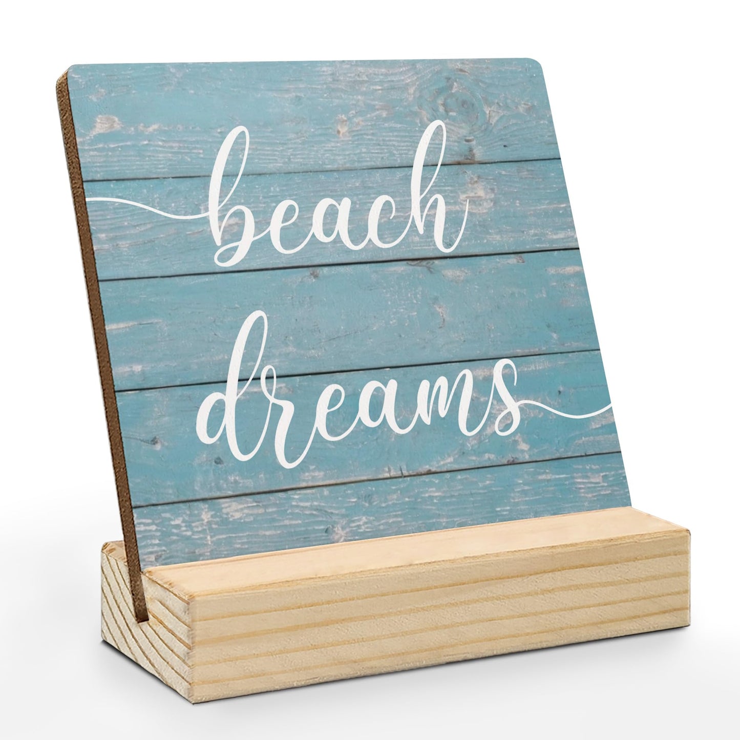 Mfyossrll Beach Desk Decor, Beach Dreams Decorative Signs & Plaques, Blue Coastal Ocean Nautical Beachy Desk Sign with Wooden Stand for Home Bedroom Office Shelf Table Decor