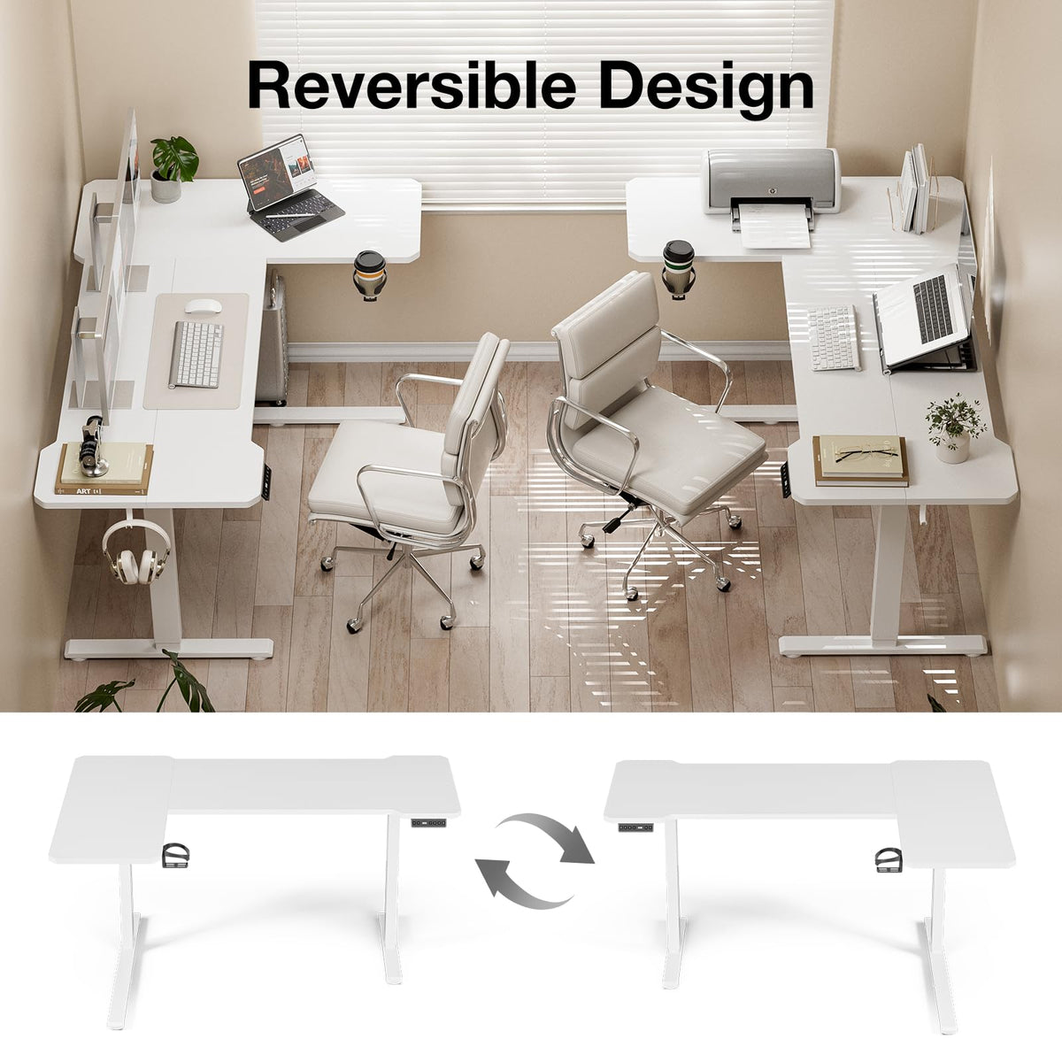 Acrolix L Shaped Electric Standing Desk - 59x40 Inch Reversible Corner Sit Stand Desk with Hook&Cup Holder,Electric Height Adjustable Table,for Home Office Gaming Computer Desk, White