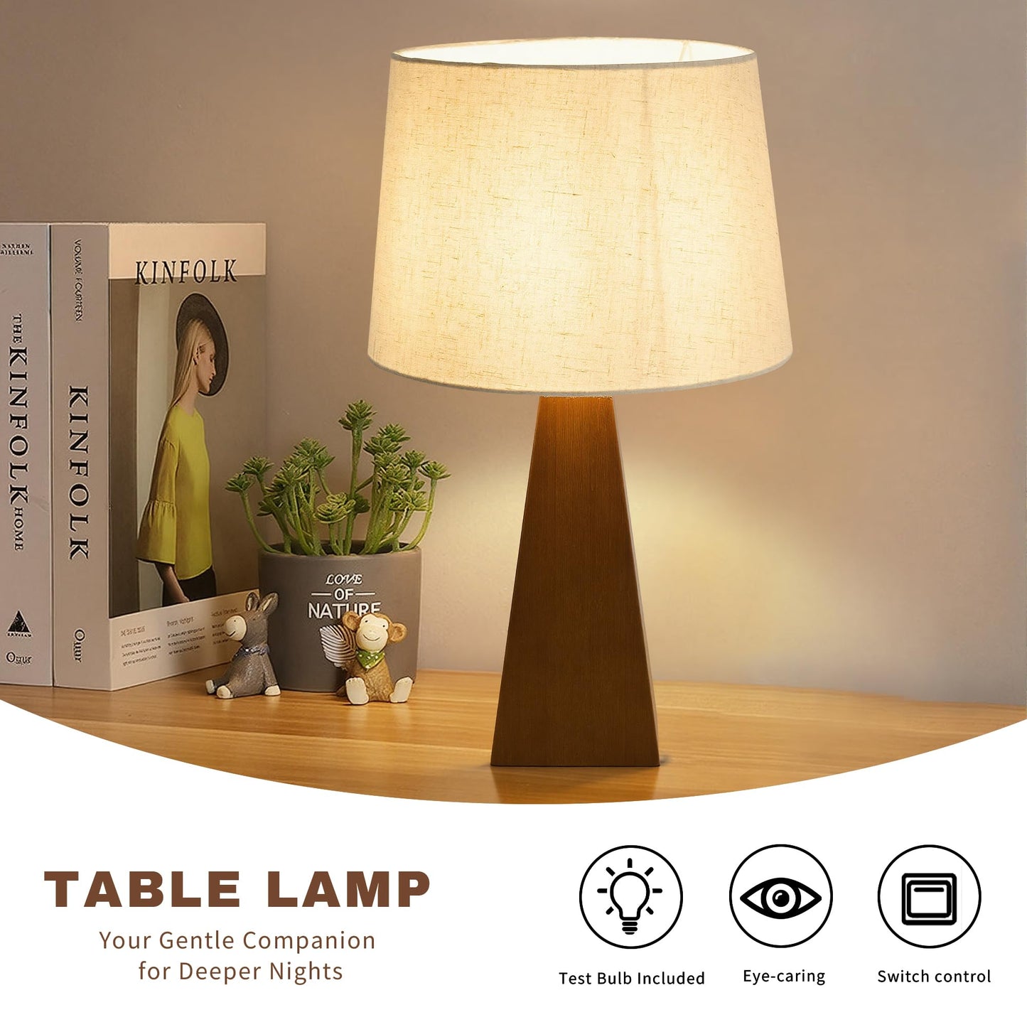 Booniture Table Lamp for Bedroom, Bamboo Bedside Lamps with Beige Linen Shade for Nightstand, Dimmable Desk Lamp for Dorm, Living Room, Office, Kids Room (Walnut)