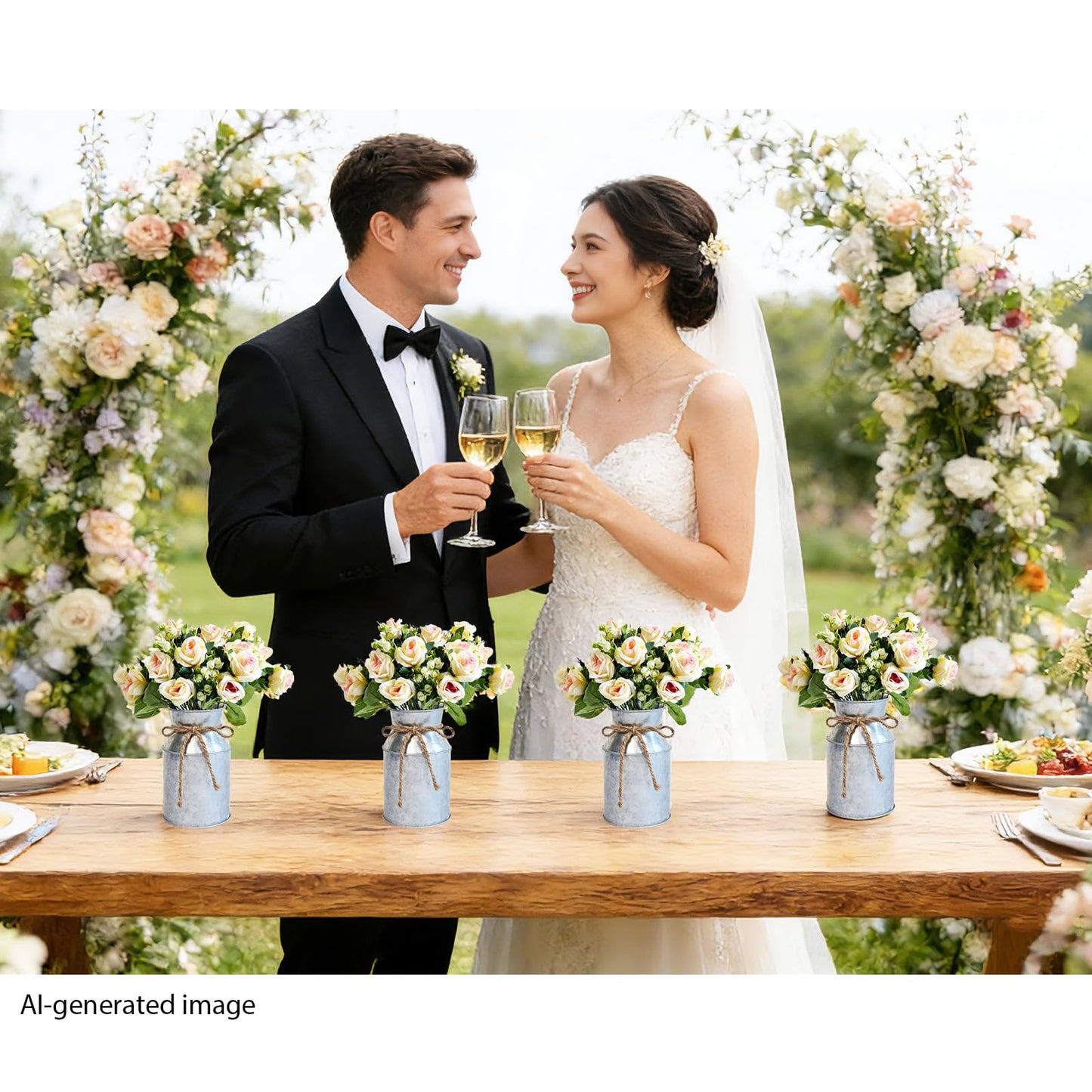 Farmhouse Artificial Rose Flowers with Metal Vase, Set of 6 Fake Rose Arrangements for Table, Faux Bouquets Wedding Centerpiece Decorations, Home Office Flower Decor (Silver Vase & Champaign Roses)