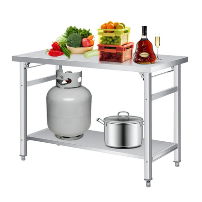 GlowSol Foldable Stainless Steel Table, 48 Inch Folding Commercial Prep Table with Undershelf, 24" Wide Double Tier Portable Workstation, 920LBS for Kitchen Workshop Restaurant Garage