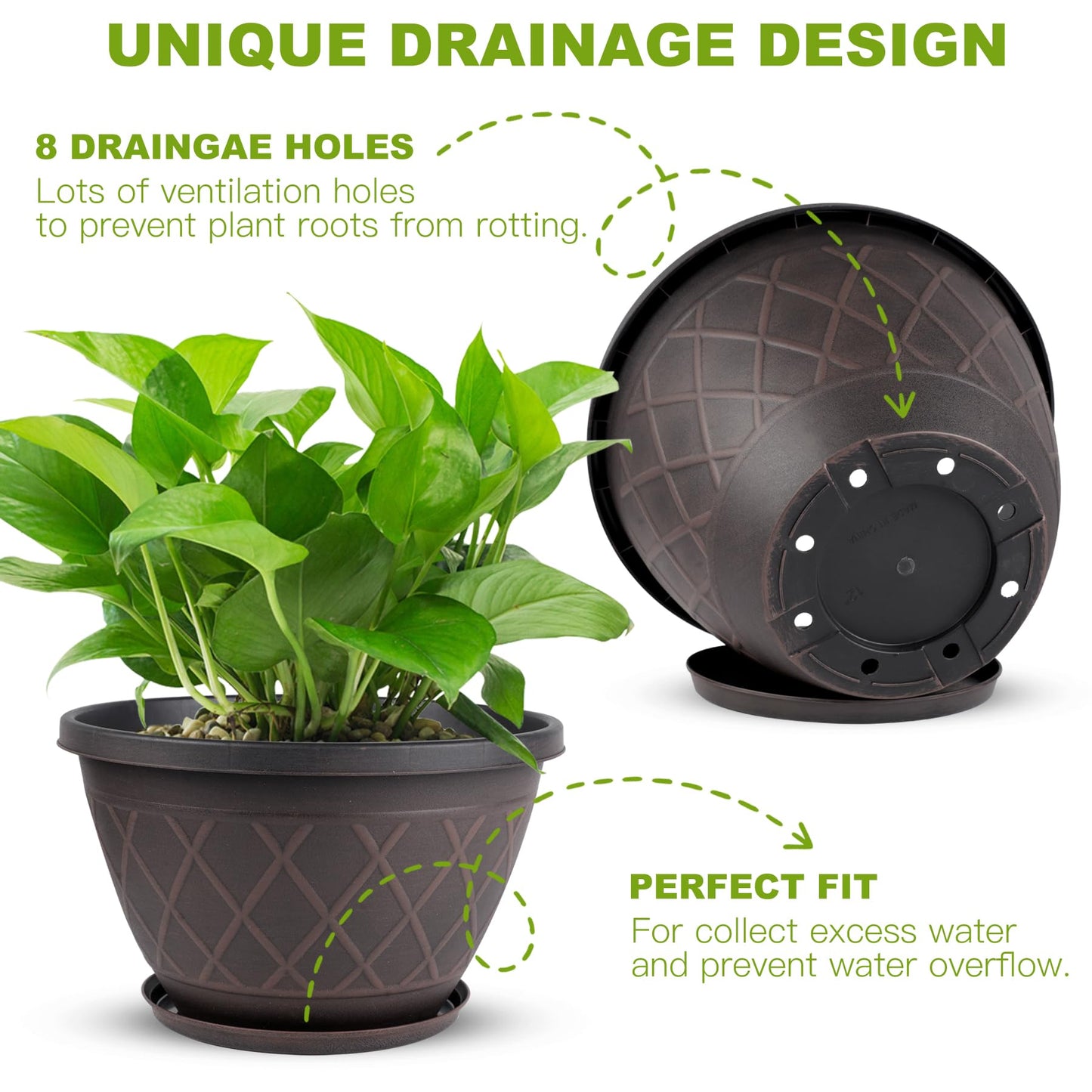 4 Pack 10 Inch Plant Pot, Planter Pots with Drainage Holes & Saucers, Modern Plaid Pattern Planters Garden Pots for Herbs, Decorative Plastic Flower Pots for Outdoor Indoor Home Plants (Brown)