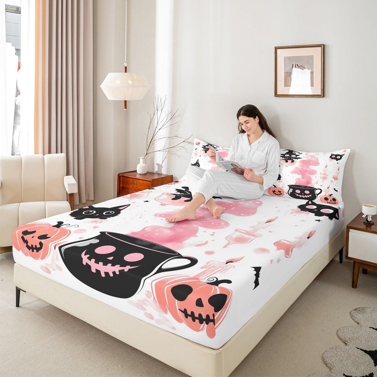 Feelyou Kids Halloween Bed Sheet Set Full Size, Pumpkin Fitted Sheet Boys Girls Cute Ghost Bedding Set Black Cat Teens Bedroom Decor with 2 Pillow Case (No Flat Sheet)