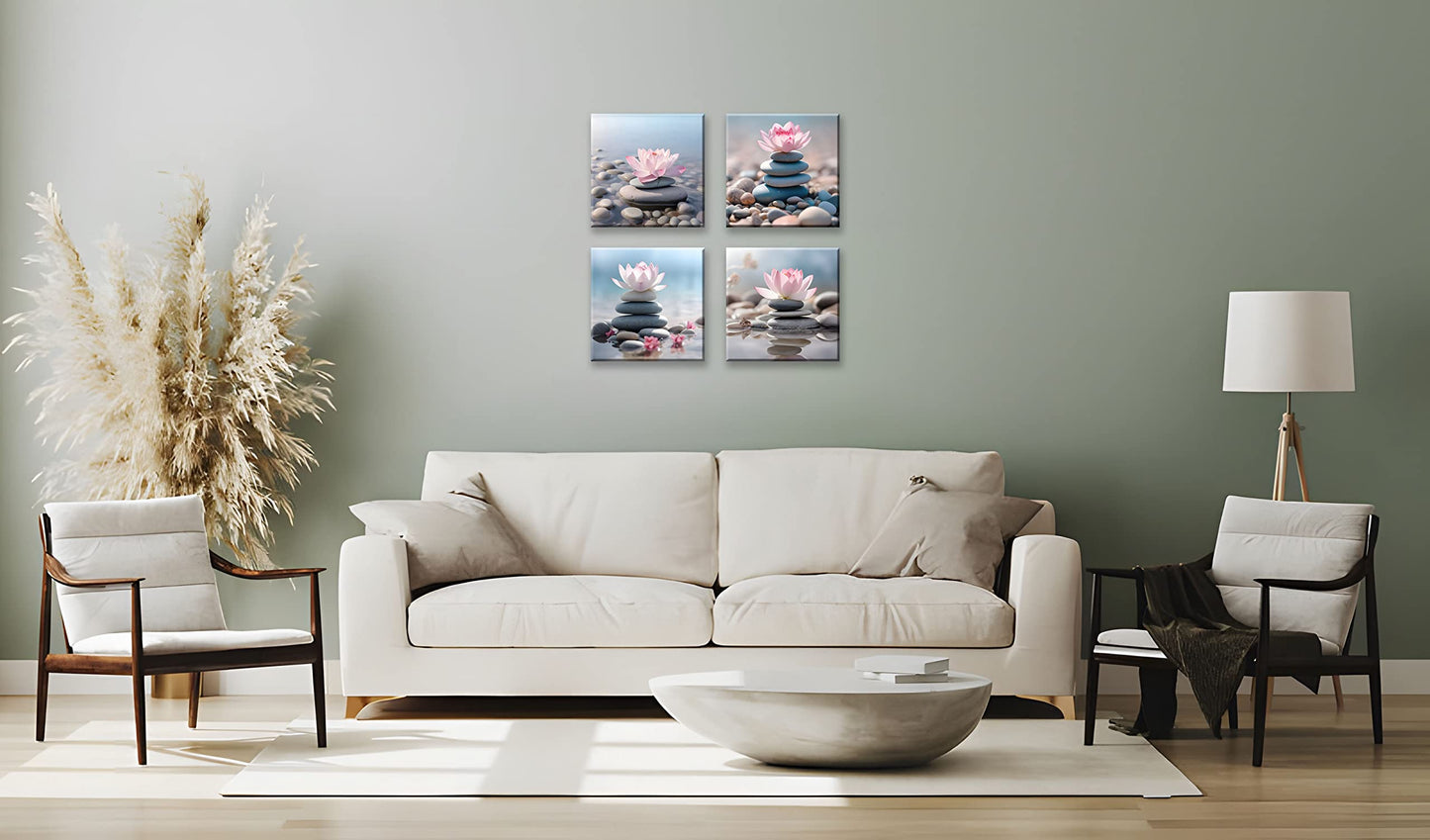 NAN Wind 4PCS Mordern Zen High-Definition Canvas Print Pink Lotus Stacked Zen Stones Spa Wall Art Easy-to-Hang Wall Art for Serene Home Deco Meditation Rooms Yoga Studios and Zen Enthusiasts
