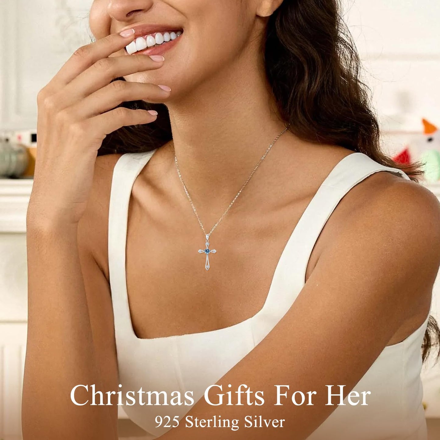 Cross Necklace for Women ,925 Sterling Silver Birthstone Necklace,Blue Topaz- December Birthstone Cross pendant jewelry,Faith Religious Fine Jewelry Valentines Day Gifts Birthday Holiday Gifts for Her