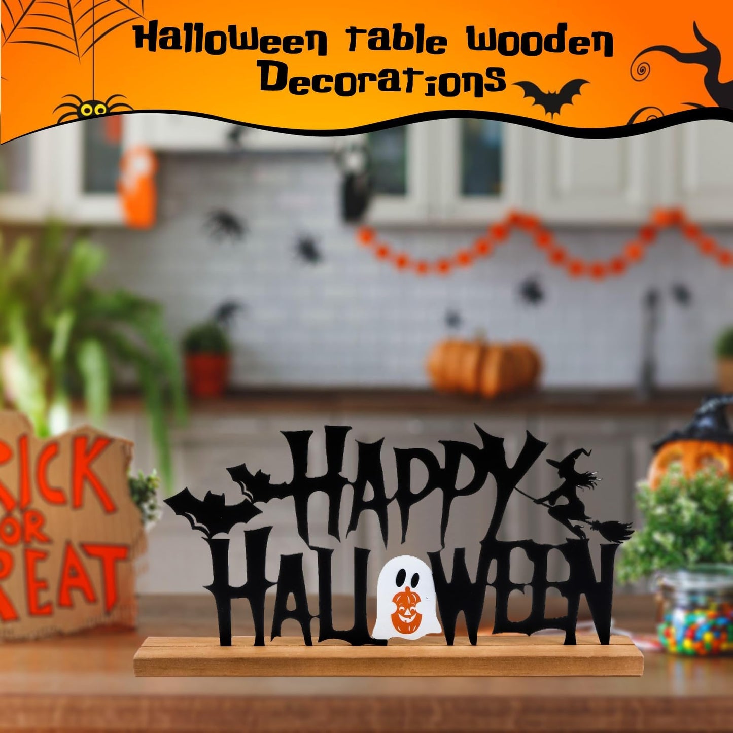 Metal Happy Halloween Sign Halloween Table Decor with Wooden Base Freestanding Rustic Table Decor for Indoor Home Tabletop Centerpiece Mantel Shelf Fireplace Decoration (Black)