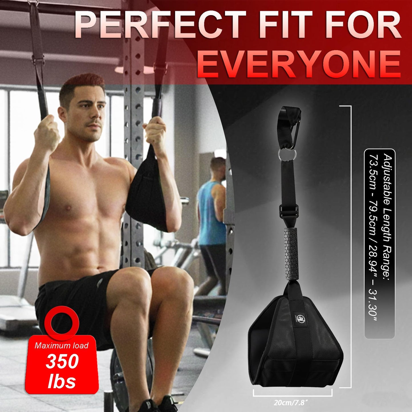 Ab Straps for Pull Up Bar, Heavy-Duty 350LB Core & Abs Trainer, Extra Wide 7.8” Leather Padded Arm Supports, Adjustable Length, Cable Machine Compatible (Black)