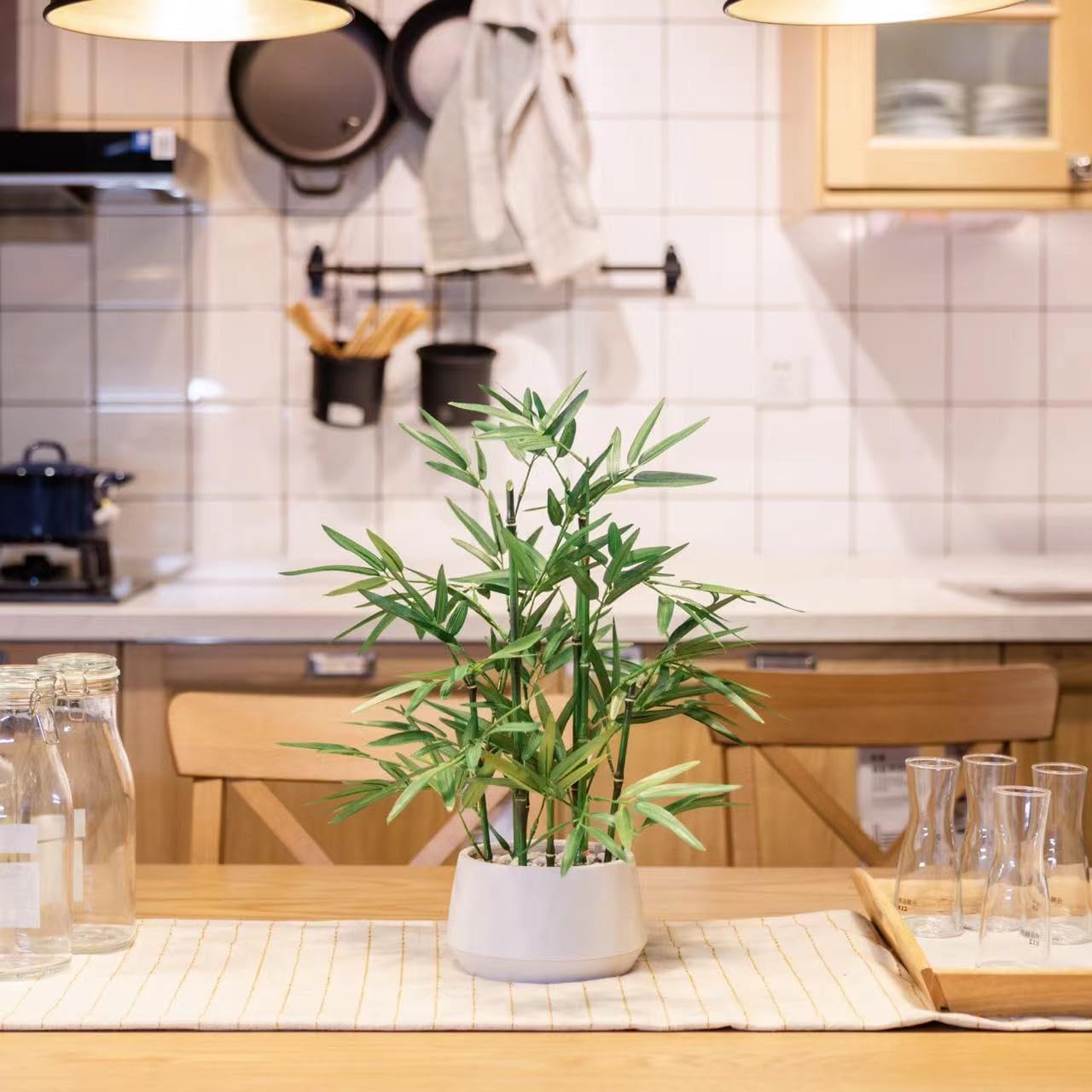 365 Blooming Decor 18 inch Tall White Potted Artificial Bamboo Plant- Luxury Artificial Bamboo Tree in White Pot for Home, Office, Kitchen, Counter Top, Indoor Decor, Money Tree, Lucky Tree.