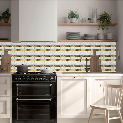 HOMETITUTE 20Pcs White Gold Brick Tile Stickers Peel and Stick Decorative Tiles Waterproof Removable Sticker Tiles Backsplash Decals for Kitchen Bathroom Fireplace Stair Riser Wall 4x4 Inch(not 3D)
