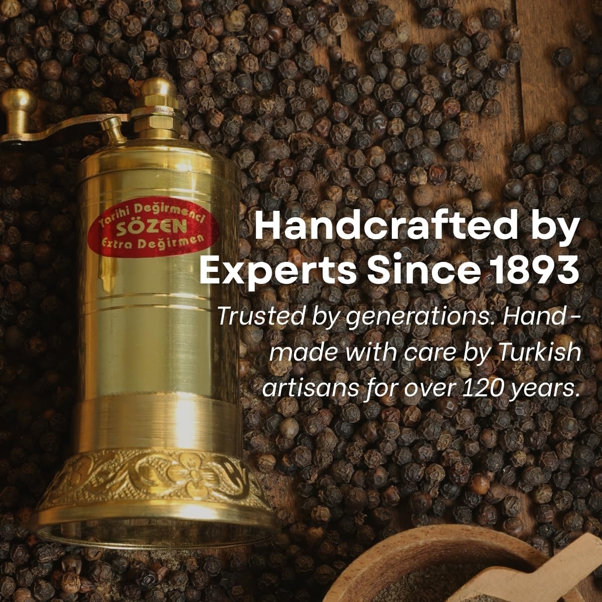 Sozen 4.3" Manual Pepper Grinder Brass – Handmade Turkish Pepper Mill, Conical Burr Spice Grinder, Portable Hand Crank Mill for Salt, Peppercorns, and Other Spices with Durable Brass Decor
