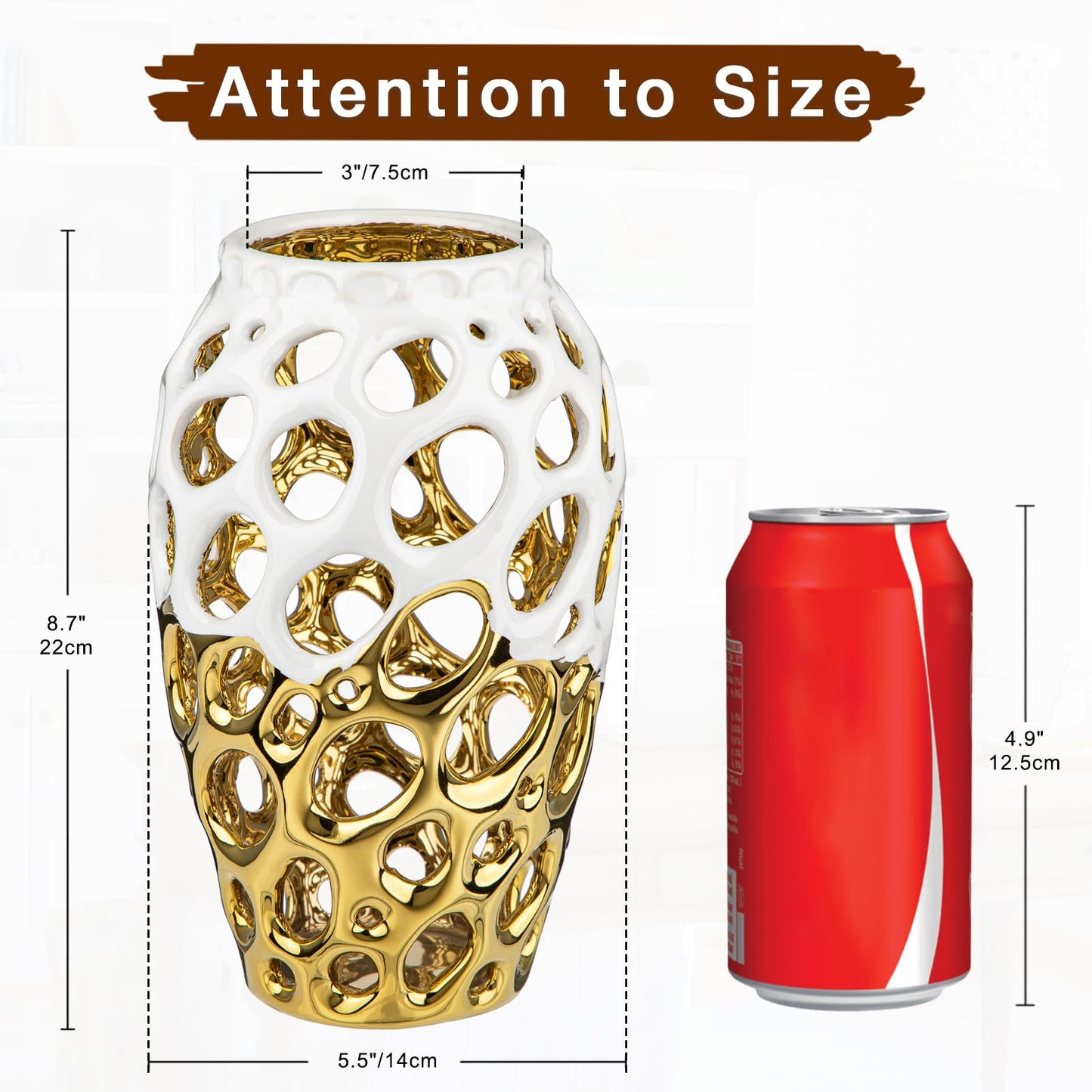 White and Gold Vases for Centerpieces, Openwork Ceramic Flower Vase 8.7" Hollowed Decorative Pampas Grass Vase Gold Table Decor for Home Living Room Dinner Room Bedroom Office Wedding