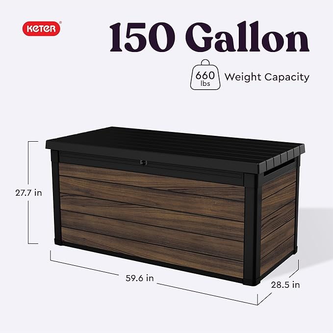 Keter Signature Collection 150 Gallon Resin Deck Box Organization and Storage for Patio Outdoor Cushions, Throw Pillows, Garden Tools and Pool Supplies, Rosewood