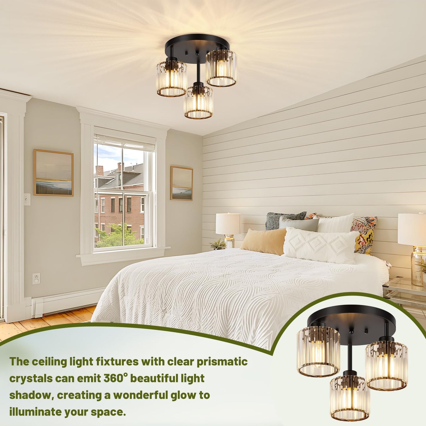 Btvsd 3-Light Crystal Semi Flush Mount Ceiling Light, Black Kitchen Lighting Fixtures Ceiling, Modern Hallway Light Fixtures with Clear Crystal Shades, Close to Ceiling Lamp for Bedroom Foyer Entryway