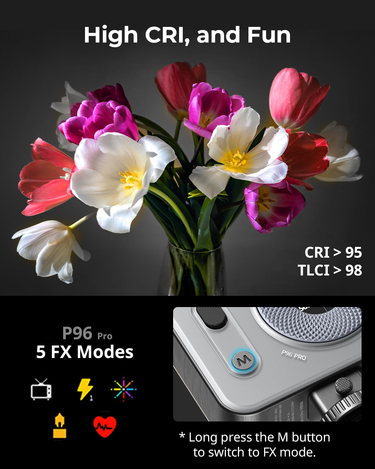 SMALLRIG Vibe P96 Pro Led Video Light, Portable Camera Light for Photography, Cold Shoe Light, CRI95+, 2500-6500K, 5 Effects, Fill Light Accessories for Content Creator, Streaming Black