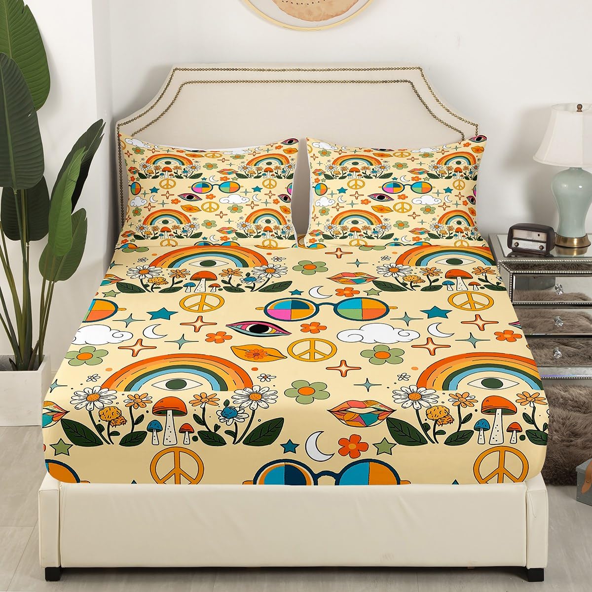Castle Fairy Retro 70s Hippie Style Bed Sheet Set Twin Size,Mushroom Fitted Sheet + 1 Flat + 1 Pillow Sham,Rainbow Floral Stars Moon Bedding Set for Kids Boys Xmas Gift, Soft Fabric