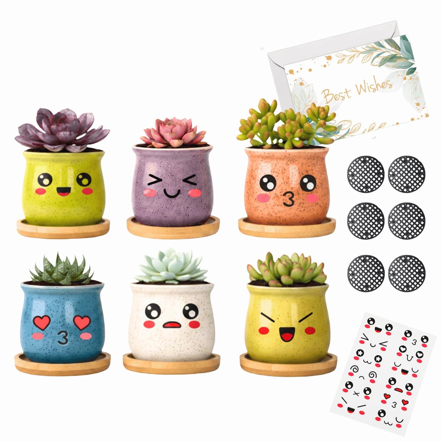 Thorkok 3 Inch Small Succulent Pots 6-Pack Cute Mini Ceramic Pots with Bamboo Tray Cactus Planters for Home and Office Decor Gift for Women, Mom, Plant Lover (Plants Not Included)