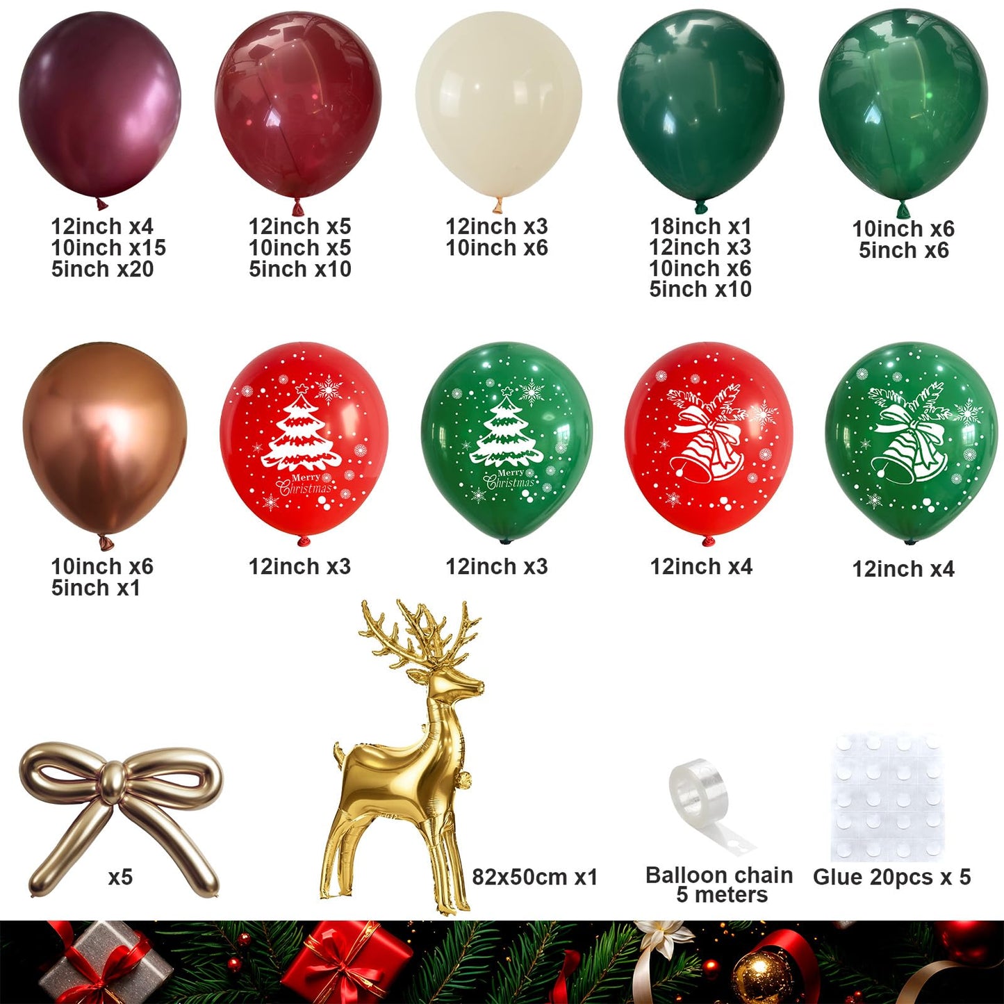 Retro Christmas Decorations Balloon Arch, Ruby Red Green White Balloon Garland with Bell Deer Print Metallic Bronze Gold Balloons Deer Foil Mylar Balloons for Xmas New Year Winter Festive Party Decor