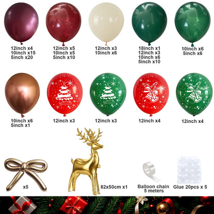 Retro Christmas Decorations Balloon Arch, Ruby Red Green White Balloon Garland with Bell Deer Print Metallic Bronze Gold Balloons Deer Foil Mylar Balloons for Xmas New Year Winter Festive Party Decor
